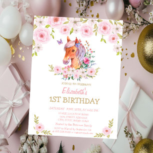 Gold Glitter Pony Floral Birthday  Invitation