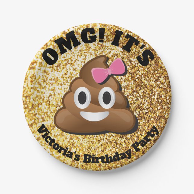 Gold Glitter Poop Emoji Girl Paper Plates (Front)