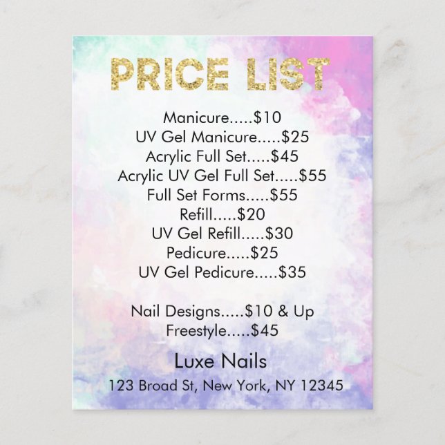 Gold Glitter Price List Flyers for Nail Salon (Front)