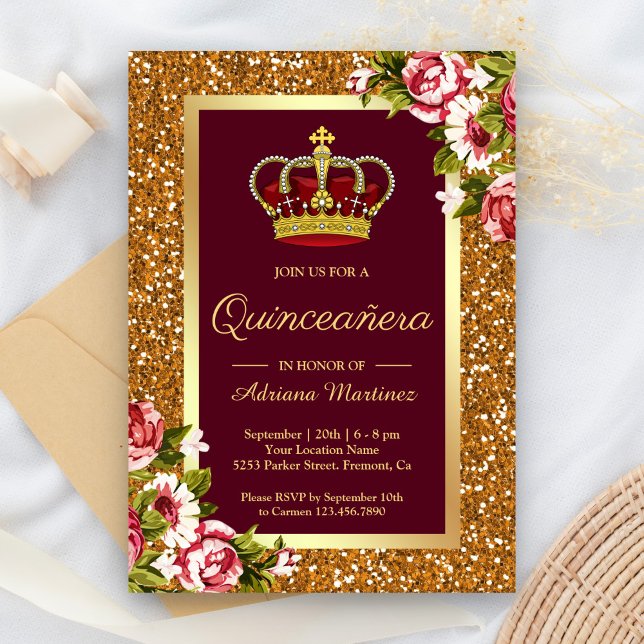 Gold Glitter Princess Burgundy Floral Quinceanera Invitation (Creator Uploaded)