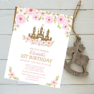 Gold Glitter Princess Castle,Floral Birthday  Invitation