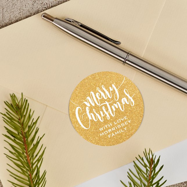 Gold Glitter Print Merry Christmas Personalised Classic Round Sticker (Gold Glitter Print Merry Christmas Personalized Classic Round Sticker)