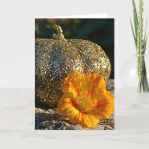 Gold Glitter Pumpkin and Orange Flower Card