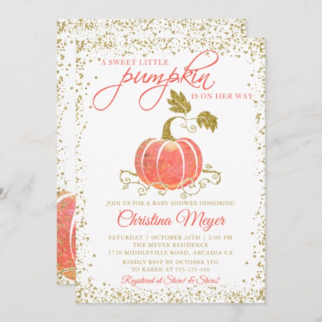 Gold Glitter Pumpkin Fall Baby Shower Invitation (Front/Back)