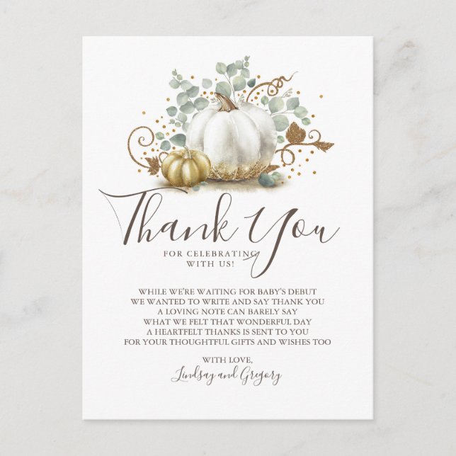 Gold Glitter Pumpkins and Greenery Thank You Postcard (Front)