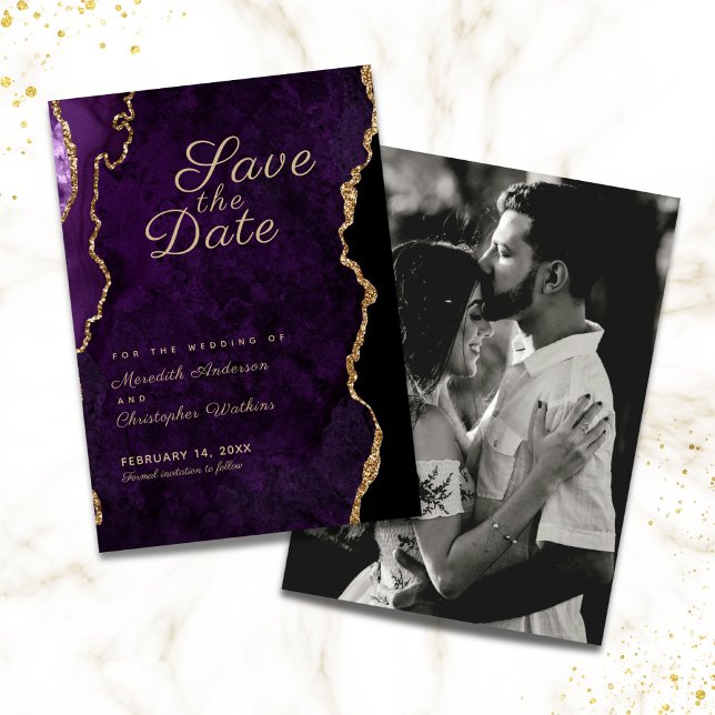 Gold Glitter Purple Agate Photo Save the Date (Creator Uploaded)