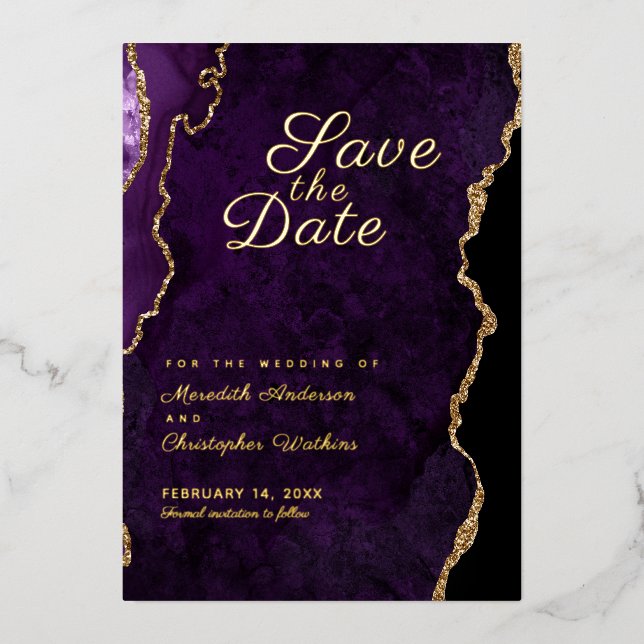 Gold Glitter Purple Agate Save the Date Gold (Front)