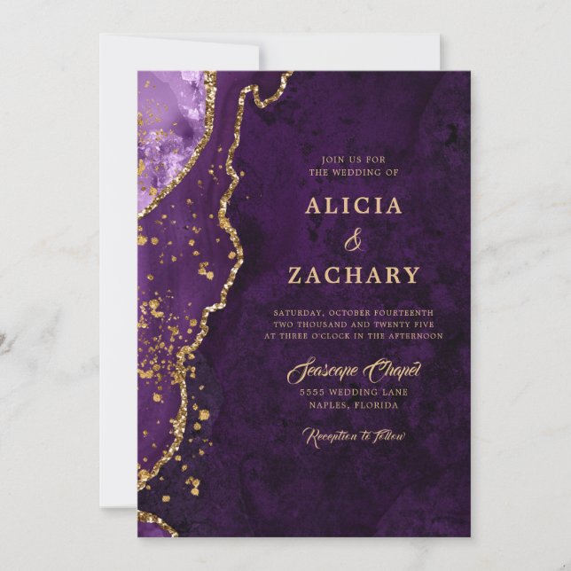 Gold Glitter Purple Agate Wedding Invitation (Front)