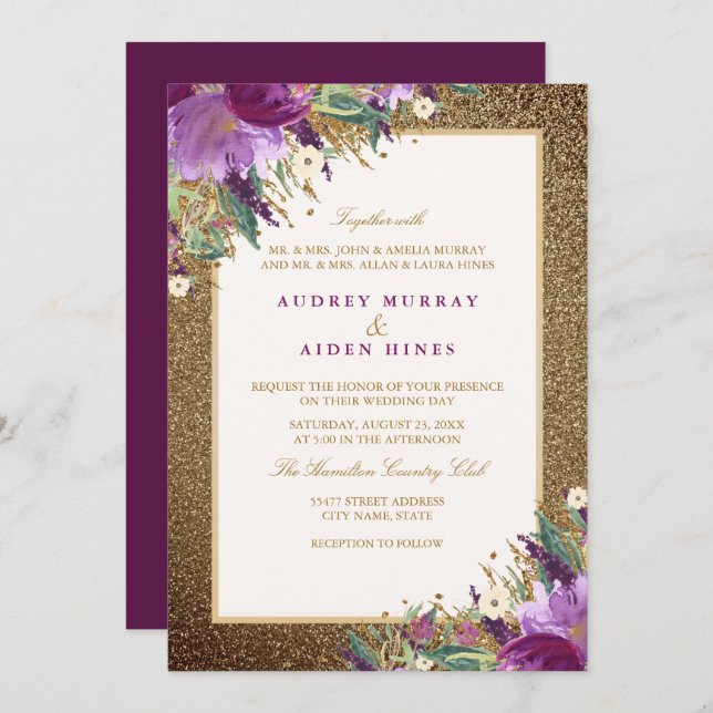 Gold Glitter Purple Amethyst Floral Wedding Invitation (Front/Back)