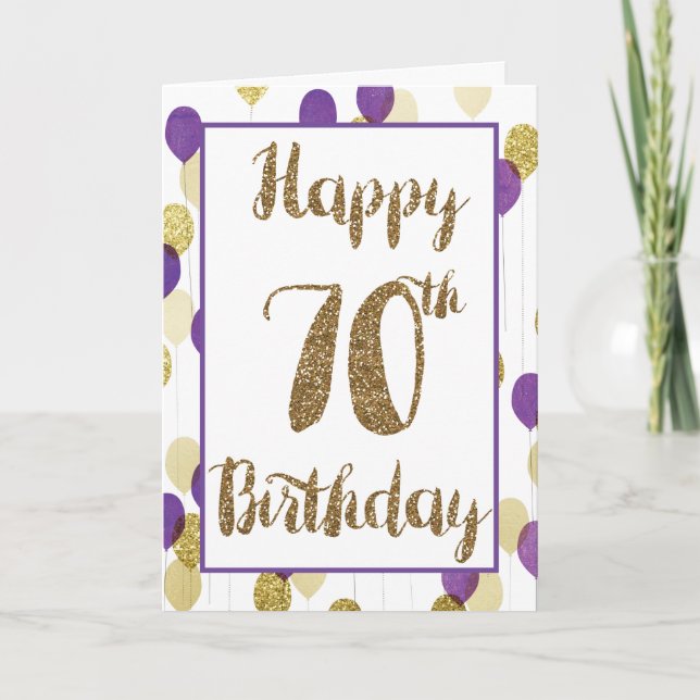 Gold Glitter Purple Balloons Happy 70th Birthday Card (Front)