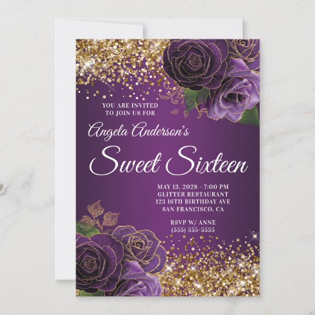 Gold Glitter Purple Floral Glam Sweet Sixteen Invitation (Front)