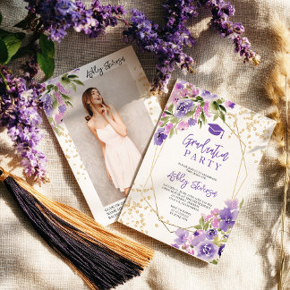 Gold glitter Purple girly floral photo graduation Invitation