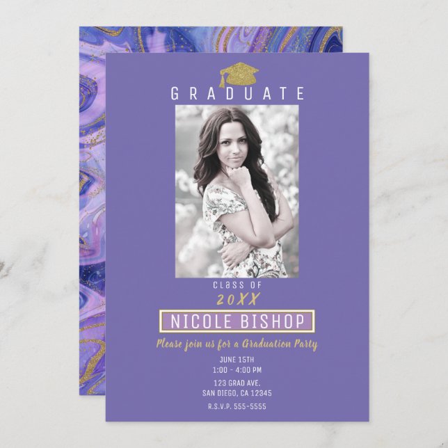 Gold Glitter Purple Marble Glam Graduation Party   Invitation (Front/Back)