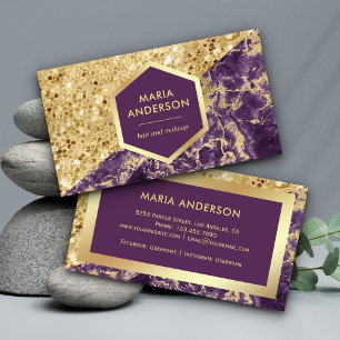 Gold Glitter Purple Marble Makeup Artist Business Card