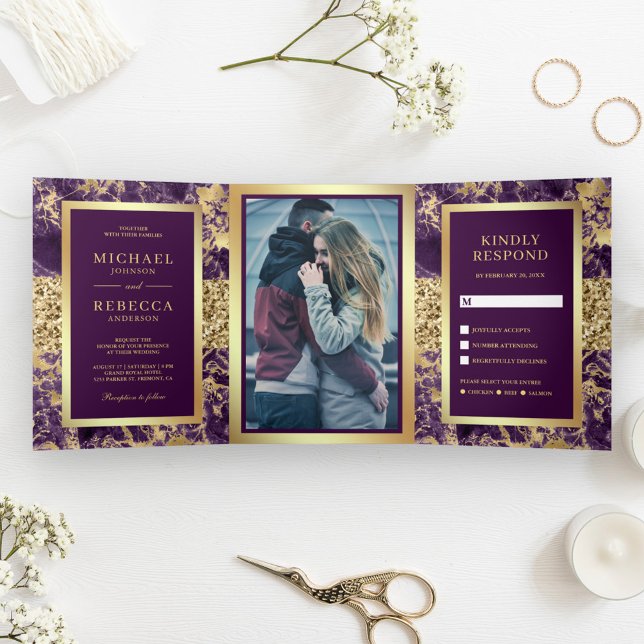 Gold Glitter Purple Marble Photo Wedding Tri-Fold Invitation (Creator Uploaded)