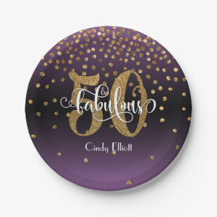 Gold Glitter Purple Ombre 50 & Fabulous Birthday Paper Plate
