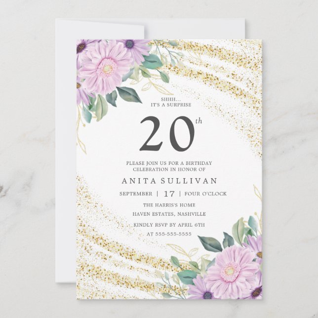 Gold Glitter Purple Rose Twenty 20th Birthday Invitation (Front)
