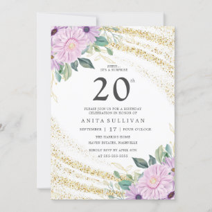Gold Glitter Purple Rose Twenty 20th Birthday Invitation