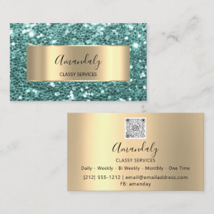 Gold  Glitter QR Code Logo Teal Mint Green Busines Business Card
