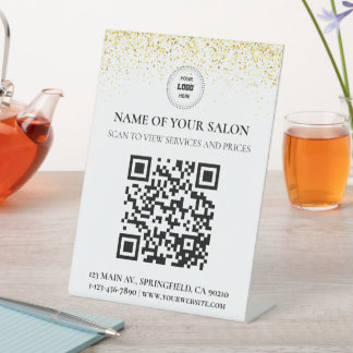 Gold Glitter QR Code Salon Service Display Sign