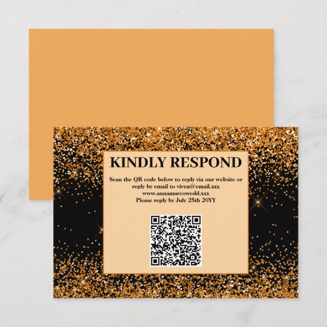 Gold Glitter QR Code Wedding RSVP Card (Front/Back)