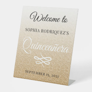Gold Glitter Quinceañera 15th Birthday Welcome Pedestal Sign