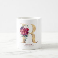 Gold Glitter R Monogram Floral Burgundy Red