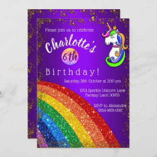 Gold Glitter Rainbow Purple Unicorn Birthday Invitation