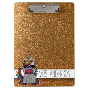 Gold Glitter Rainbow Unicorn Teachers Classroom Clipboard