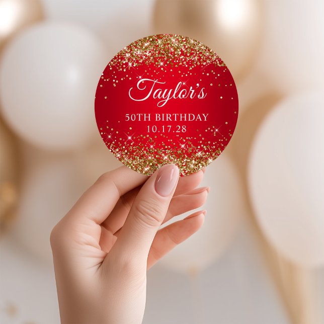 Gold Glitter Red 50th Birthday Classic Round Sticker (Gold Glitter Red 50th Birthday Classic Round Sticker)