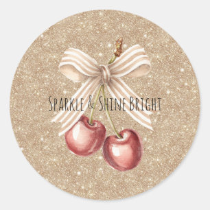 Gold Glitter Red Cherries   Classic Round Sticker