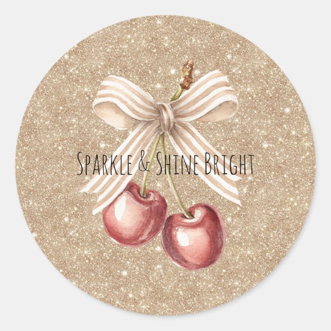 Gold Glitter Red Cherries   Classic Round Sticker (Front)