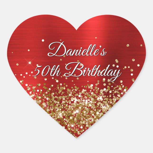 Gold Glitter Red Foil 50th Birthday Heart Sticker (Front)