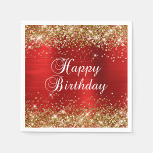 Gold Glitter Red Foil Happy Birthday Napkin