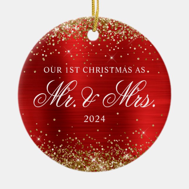 Gold Glitter Red Foil Our 1st Christmas Photo Ceramic Tree Decoration (Front)