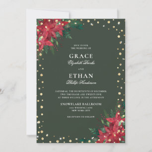 Gold Glitter Red Green Florals Christmas Wedding Invitation