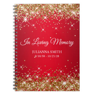 Gold Glitter Red Memorial Service Guestbook Notebook