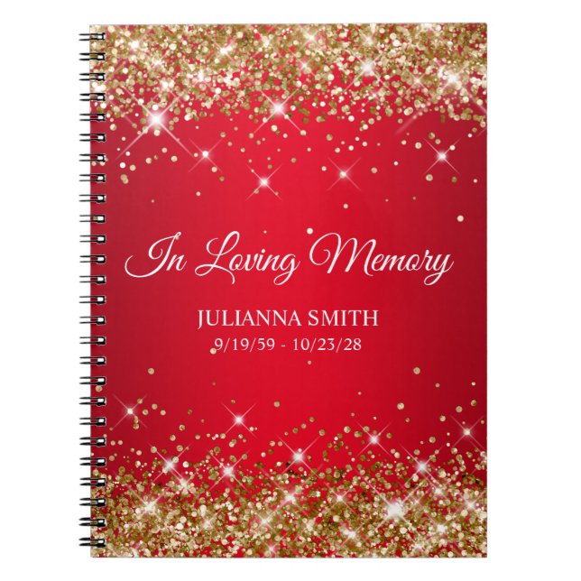 Gold Glitter Red Memorial Service Guestbook Notebook (Front)