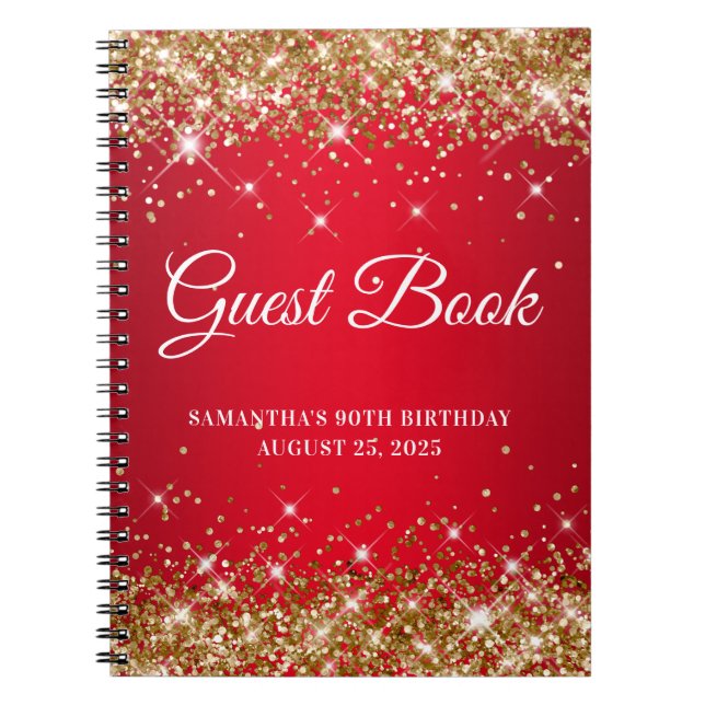 Gold Glitter Red Ombre 90th Birthday Guestbook Notebook (Front)