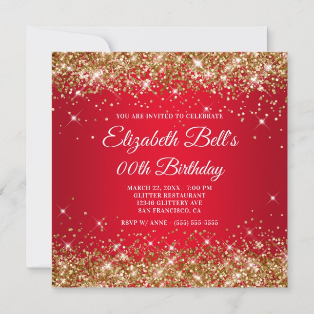 Gold Glitter Red Ombre Fancy Monogram Birthday Invitation (Front)