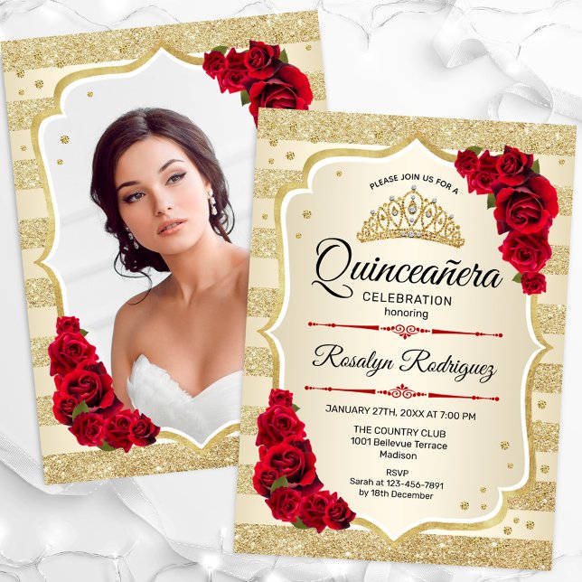 Gold Glitter Red Quinceanera Invitation (Creator Uploaded)