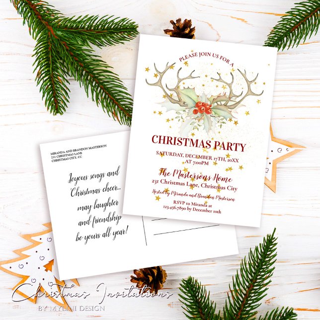 Gold Glitter Reindeer Christmas Party Invitation Postcard (Creator Uploaded)