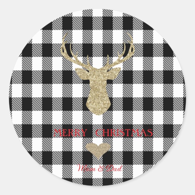  Gold Glitter Reindeer Heart Buffalo Plaid Classic Round Sticker (Front)
