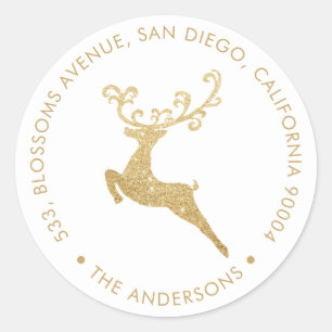 Gold Glitter Reindeer White Return Address Holiday Classic Round Sticker