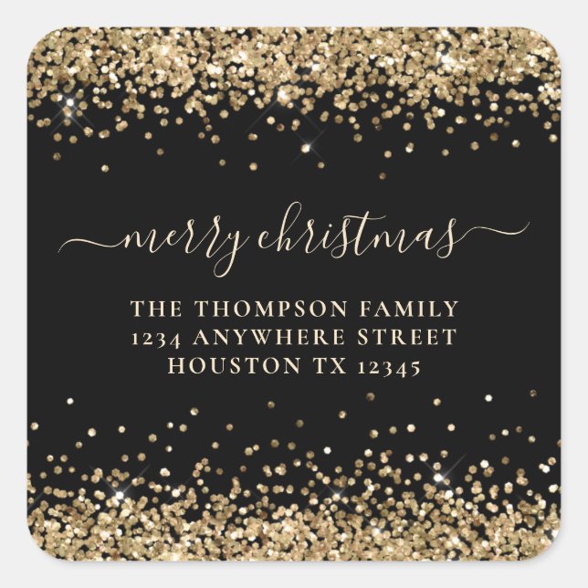 Gold Glitter Return Address Merry Christmas Black Square Sticker (Front)