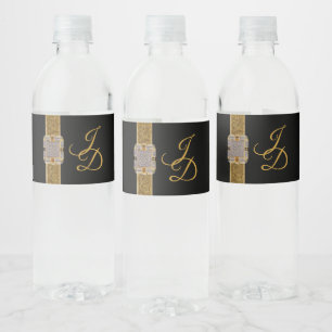 Gold Glitter Ribbon Diamond Brooch & Monogram Water Bottle Label