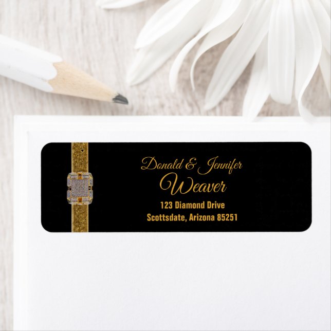 Gold Glitter Ribbon Diamond Brooch Return Address (Insitu)