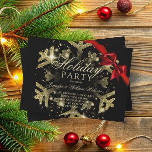 Gold Glitter & Ribbon Xmas Holiday Black Invitation