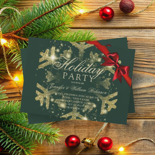 Gold Glitter & Ribbon Xmas Holiday Green Invitation