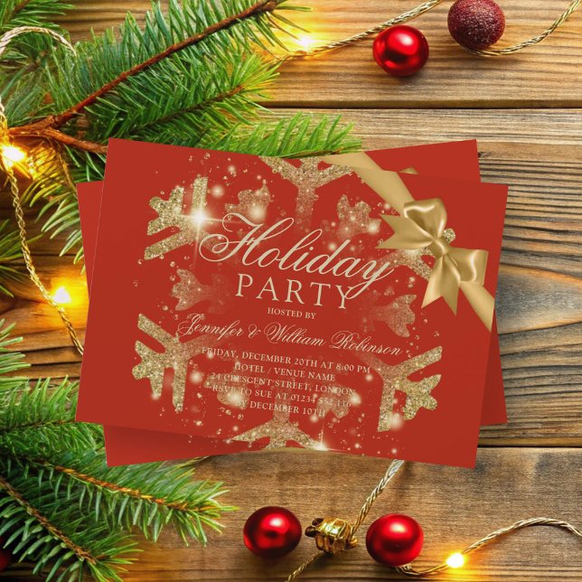 Gold Glitter & Ribbon | Xmas Holiday Red Invitation (Gold Glitter & Ribbon | Xmas Holiday Red Invitation)